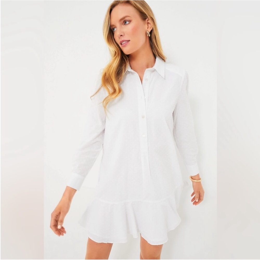 NWT Tuckernuck Cotton Callahan Shirt Dress in White Swiss Dots Size Large.